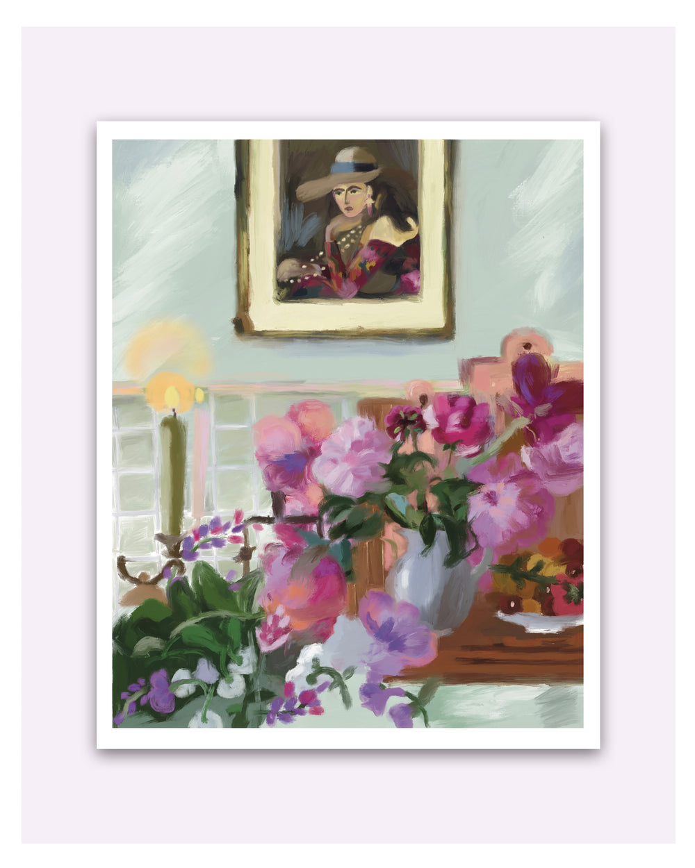 Painting of a room with flowers and a portrait on the wall