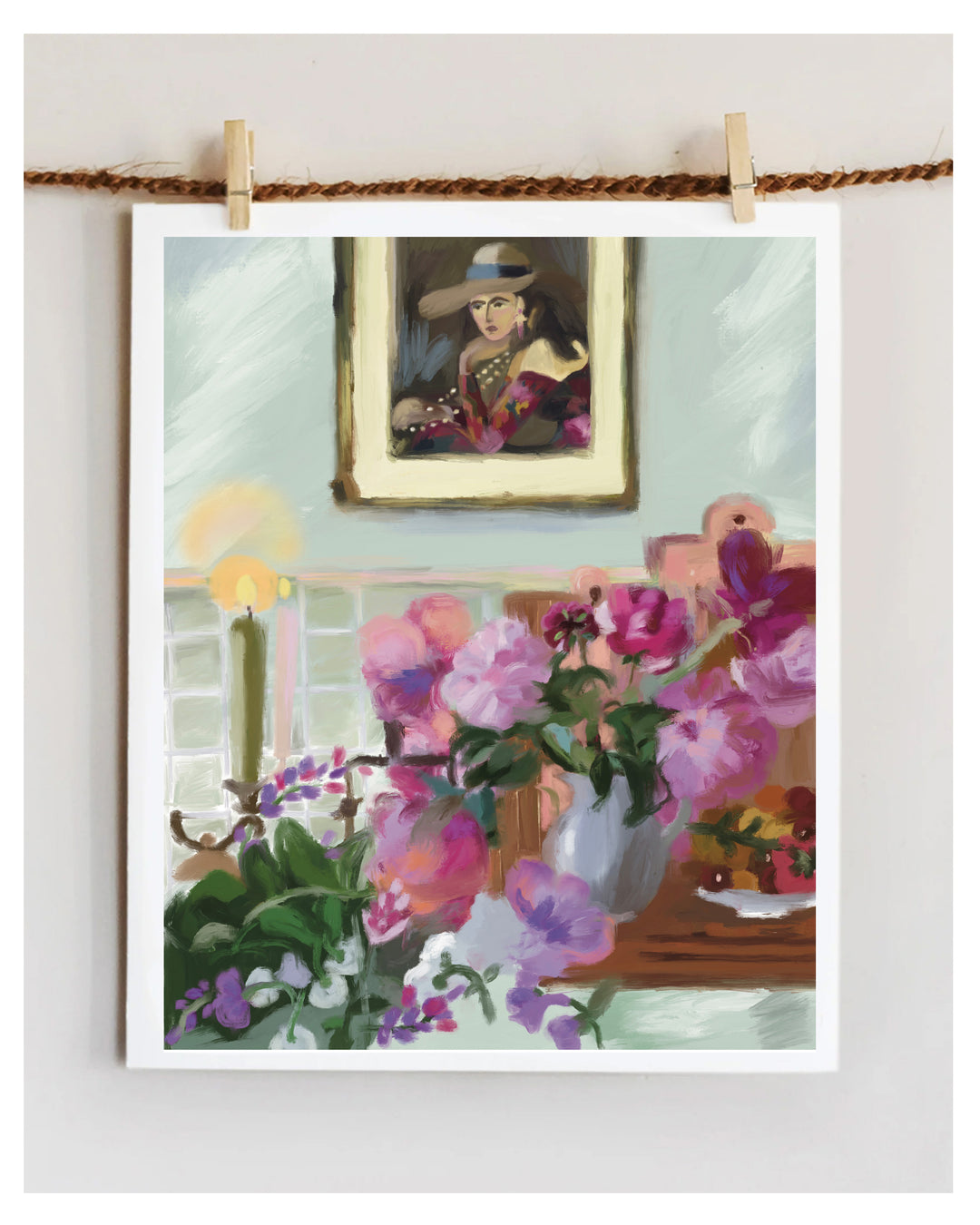Artwork of a woman with flowers and a painting on a wall.