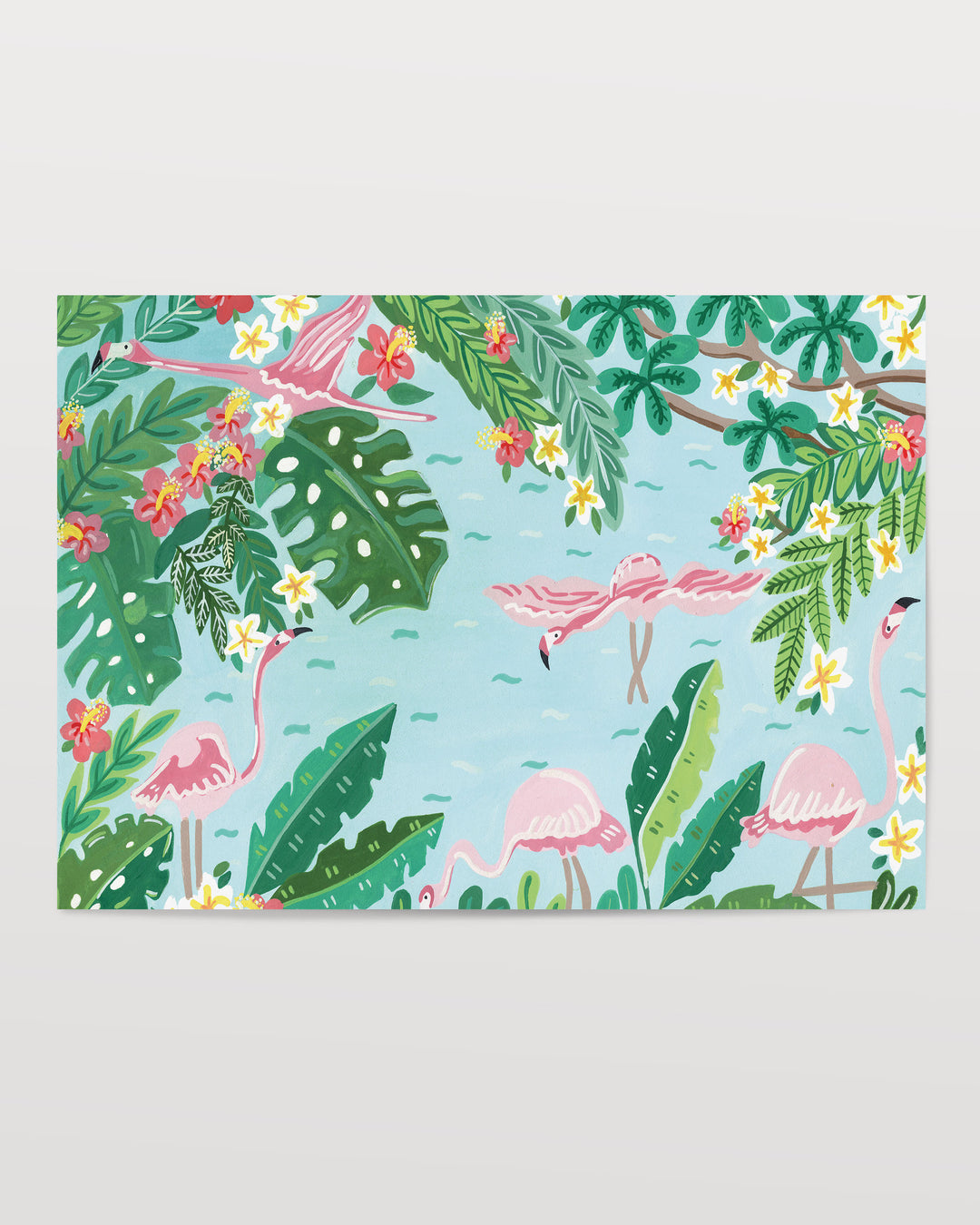 A tropical Art Print titled 'Flamingo Festivity' featuring pink flamingos wading in light blue water surrounded by lush green foliage, bright red and yellow flowers, and large tropical leaves.