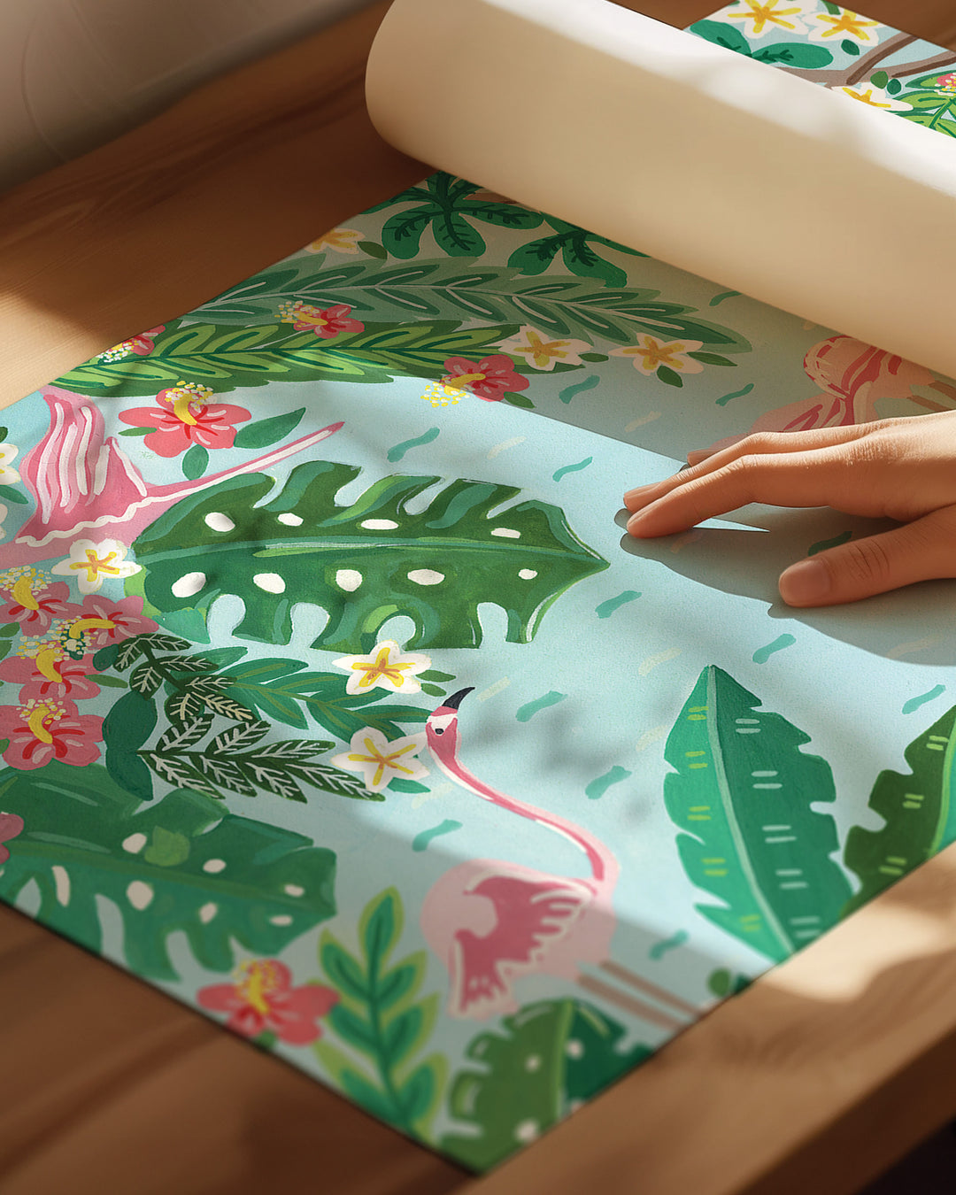 An Archival Art Print titled 'Flamingo Festivity' featuring pink flamingos wading in light blue water surrounded by lush green foliage, bright red and yellow flowers, and large tropical leaves.