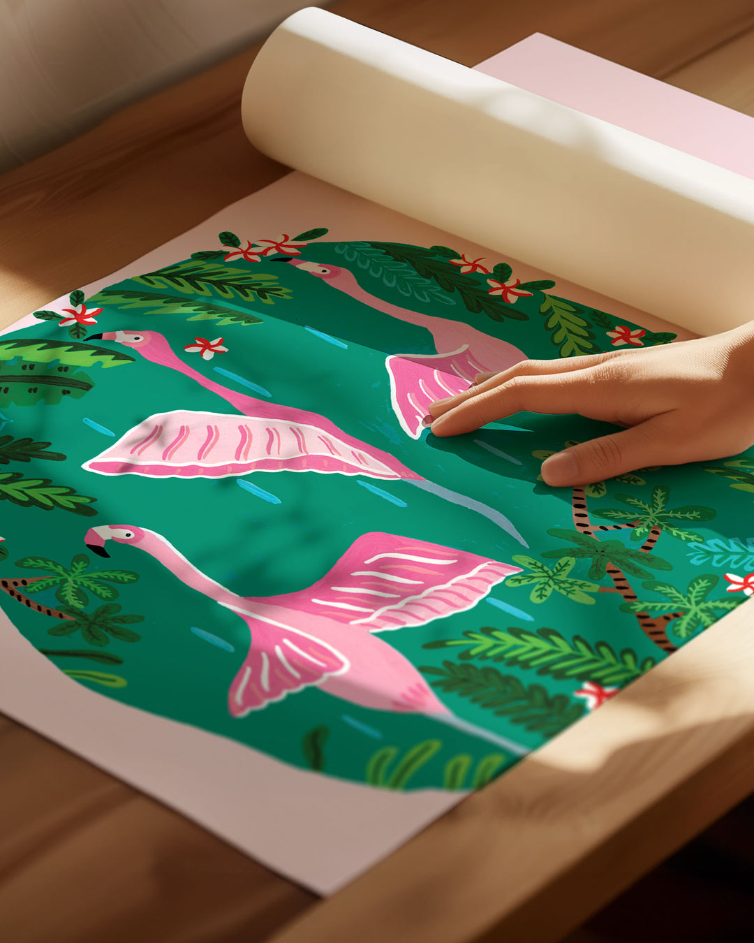 An Archival Art Print titled 'Flamingos Sanctuary' depicting pink flamingos flying over a green oasis filled with lush tropical plants and red and white flowers, created by Little Berries Studio.