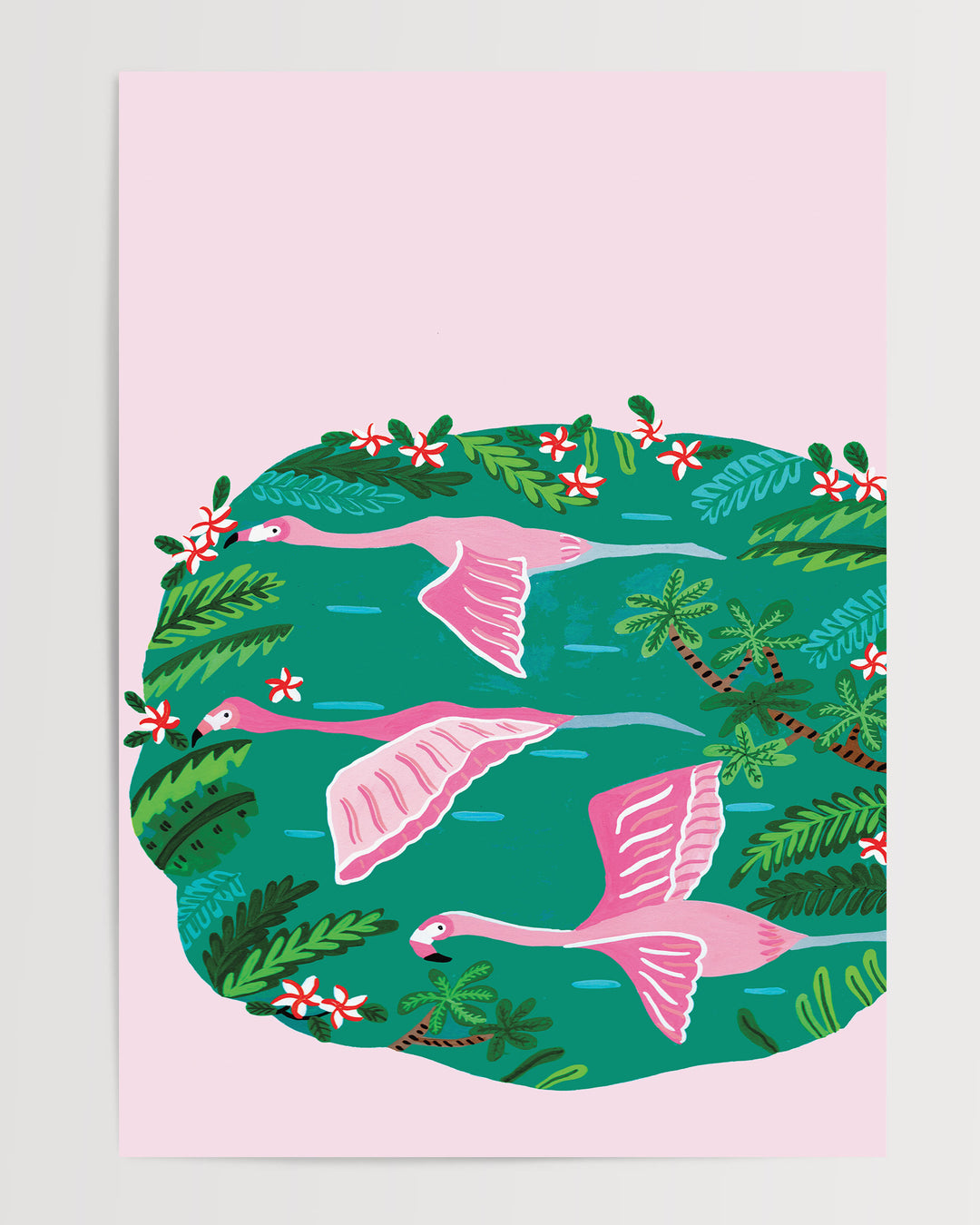 A tropical Art Print depicting pink flamingos flying over a green oasis filled with lush tropical plants and red and white flowers, created by Little Berries Studio.