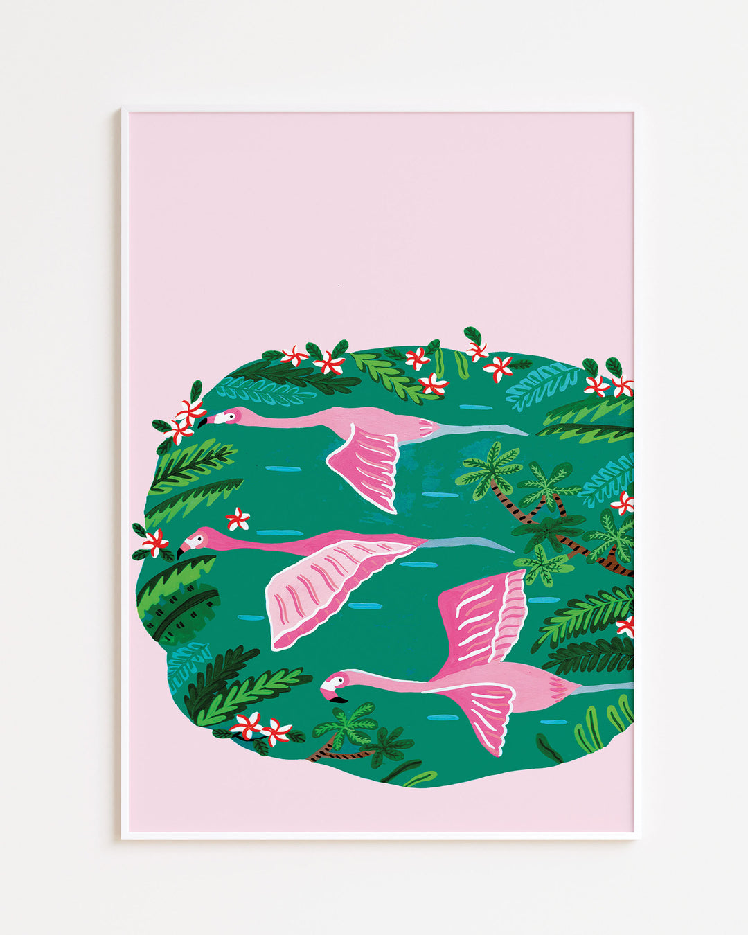 White Framed Artwork titled 'Flamingos Sanctuary' depicting pink flamingos flying over a green oasis filled with lush tropical plants and red and white flowers, created by Little Berries Studio.