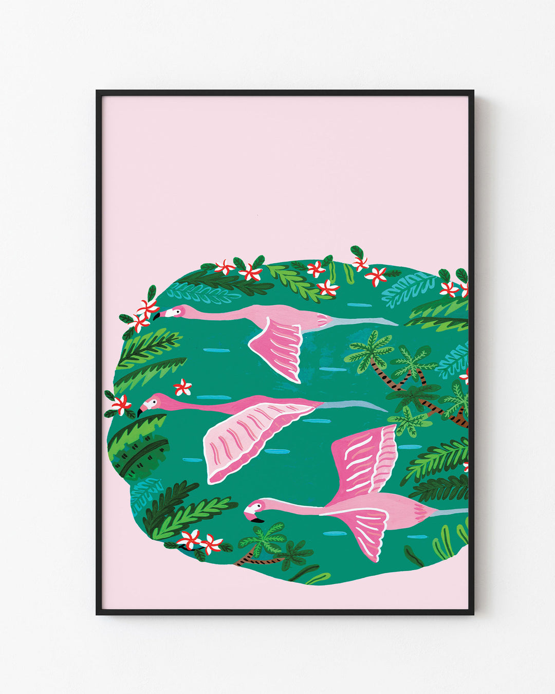 Black Framed Artwork titled 'Flamingos Sanctuary' depicting pink flamingos flying over a green oasis filled with lush tropical plants and red and white flowers, created by Little Berries Studio.