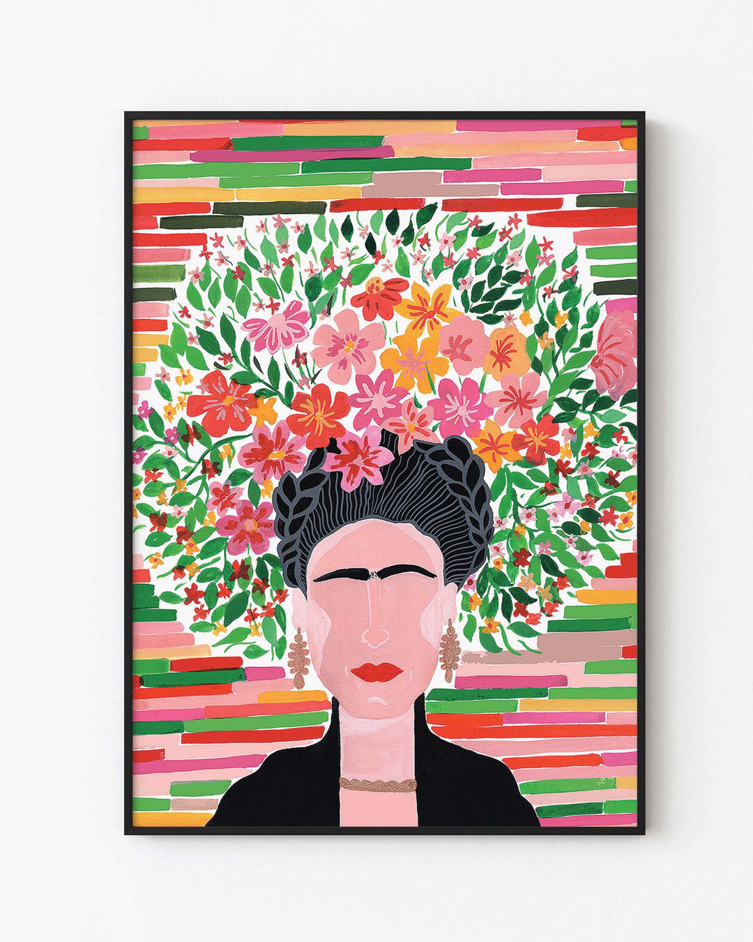Black Framed Artwork of a glorious Frida with a lush floral crown, featuring various vibrant flowers and leaves against a striped background, created by Little Berries Studio.