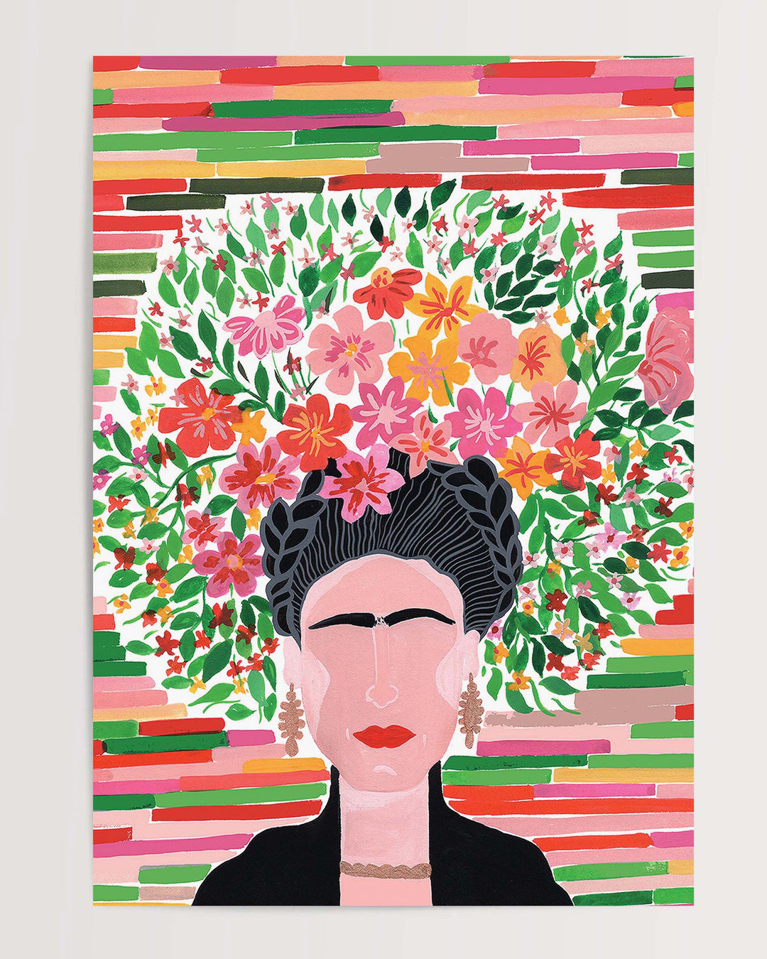 Colourful botanical Art Print of a glorious Frida with a lush floral crown, featuring various vibrant flowers and leaves against a striped background, created by Little Berries Studio.