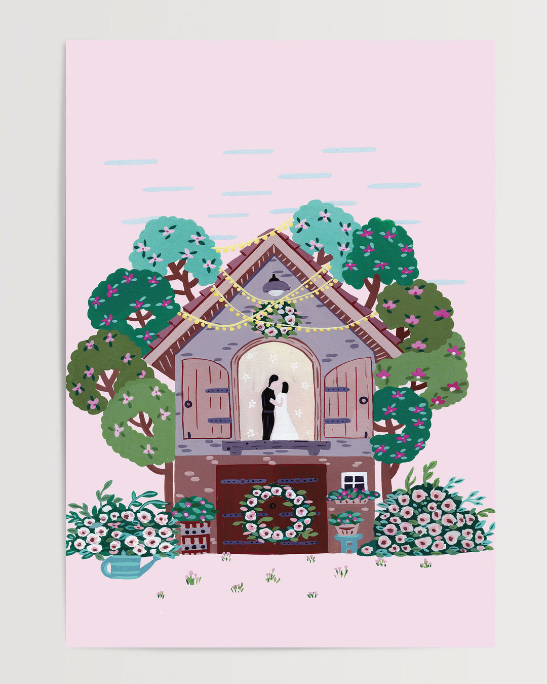 Illustration of a couple embracing inside a small cottage adorned with flowers and surrounded by colourful trees, with a pink sky in the background created by Little Berries Studio.