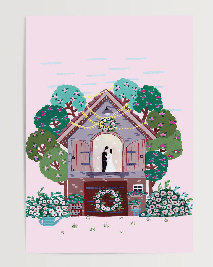 Illustration of a couple embracing inside a small cottage adorned with flowers and surrounded by colourful trees, with a pink sky in the background created by Little Berries Studio.