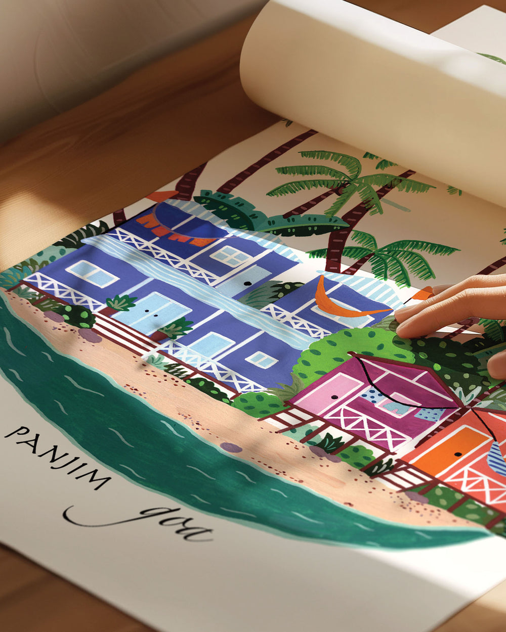 Archival Art Print of colourful beach houses and palm trees in Panjim, Goa by Little Berries Studio, showcasing the tropical charm of this popular Indian coastal destination.