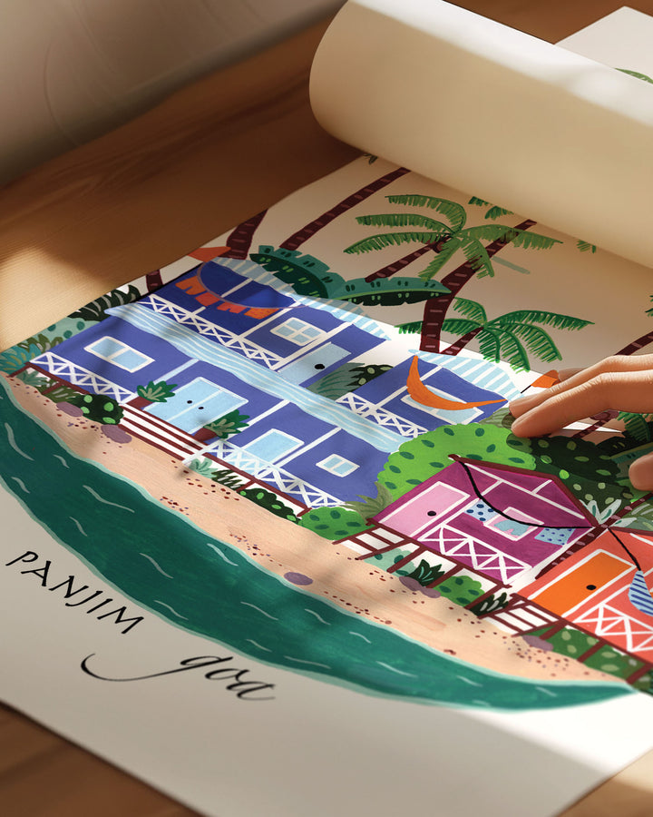 Archival Art Print of colourful beach houses and palm trees in Panjim, Goa by Little Berries Studio, showcasing the tropical charm of this popular Indian coastal destination.