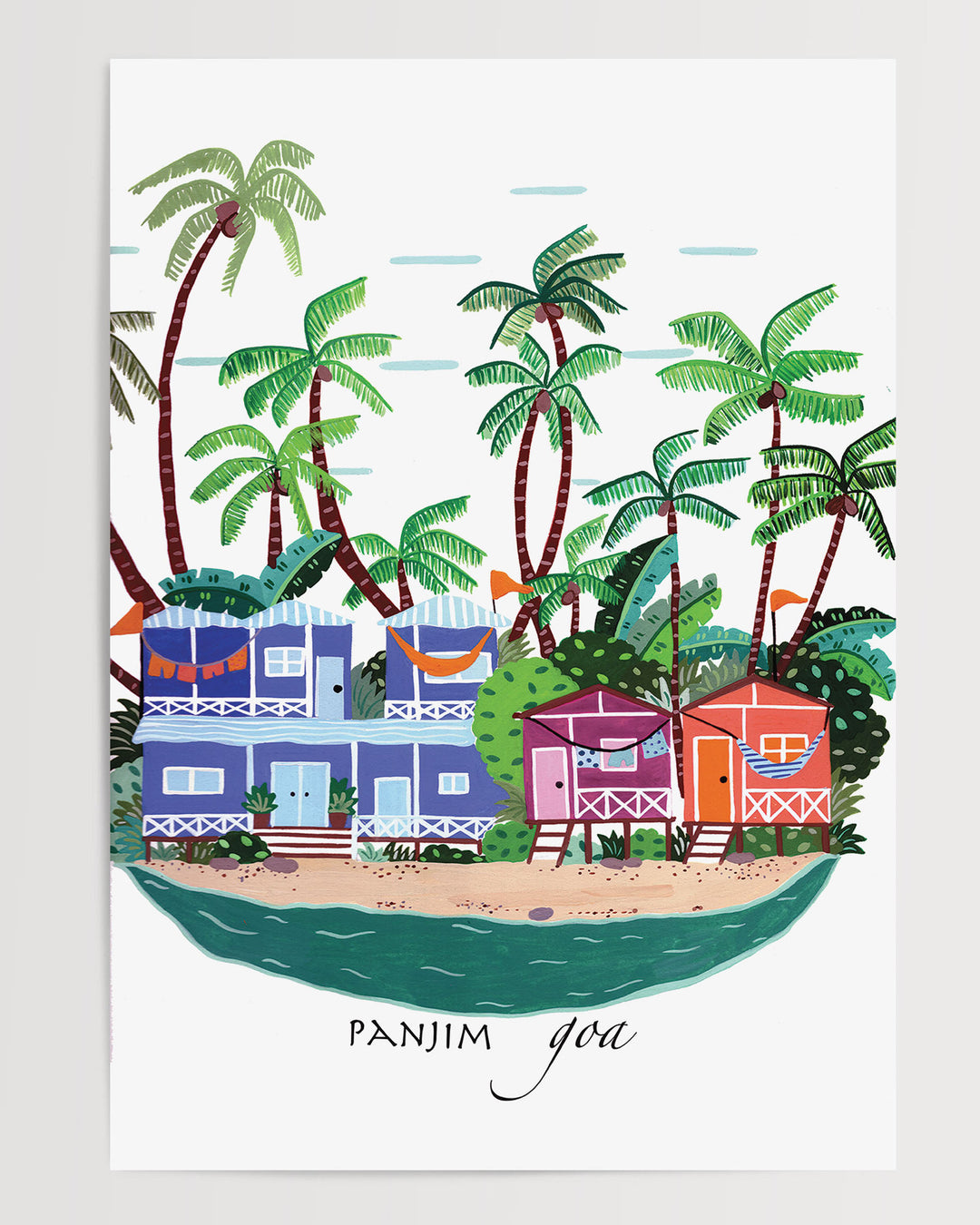 Illustrated Art Print of colourful beach houses and palm trees in Panjim, Goa by Little Berries Studio, showcasing the tropical charm of this popular Indian coastal destination