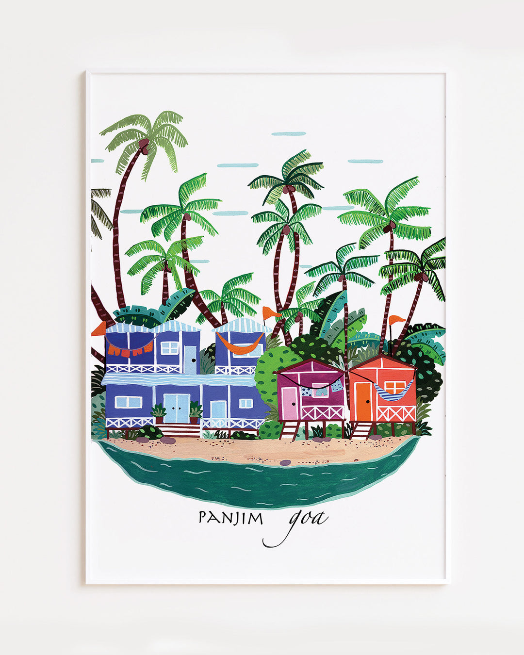 White Framed Artwork of colourful beach houses and palm trees in Panjim, Goa by Little Berries Studio, showcasing the tropical charm of this popular Indian coastal destination.