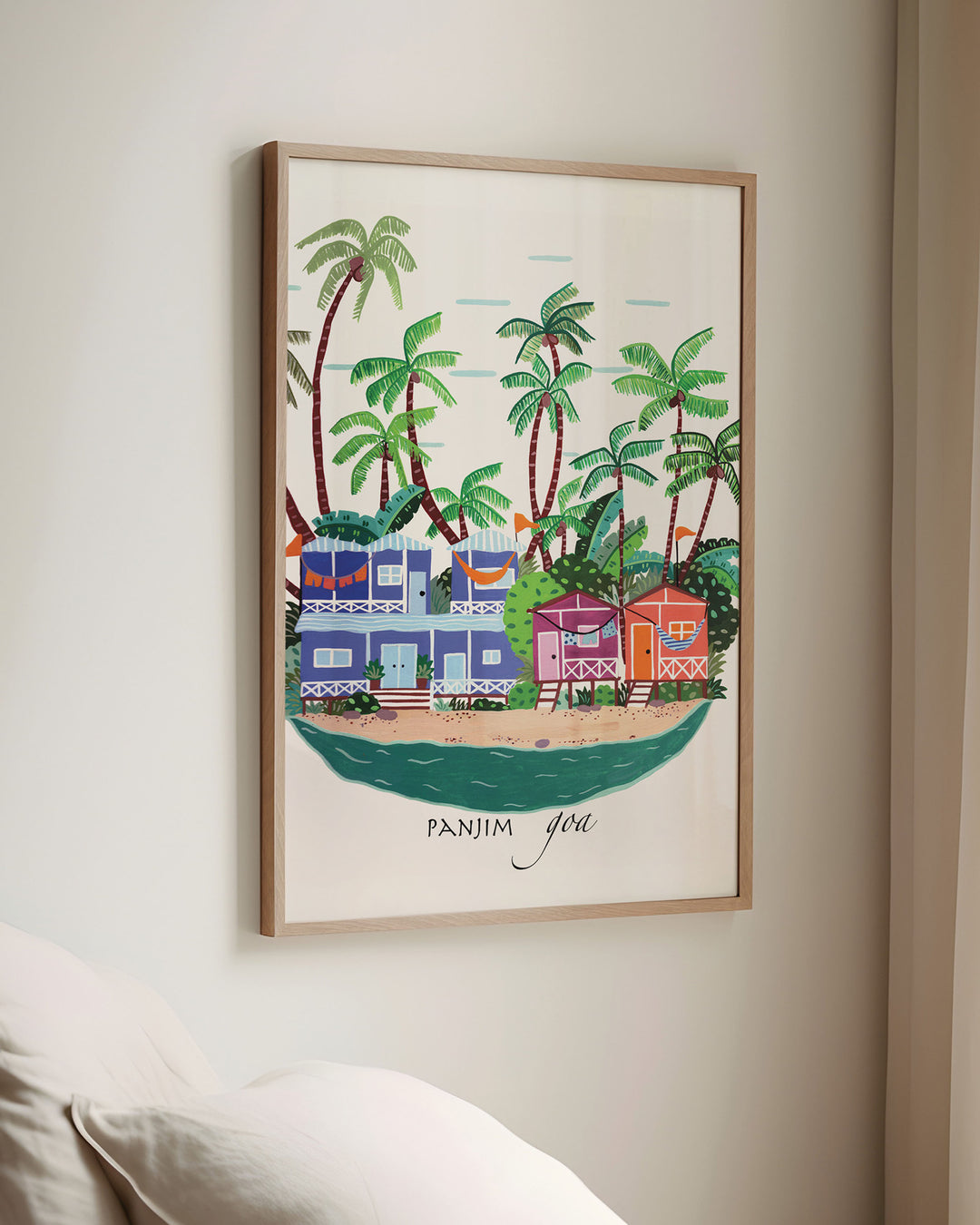 Framed Wall Art of colourful beach houses and palm trees in Panjim, Goa by Little Berries Studio, showcasing the tropical charm of this popular Indian coastal destination.