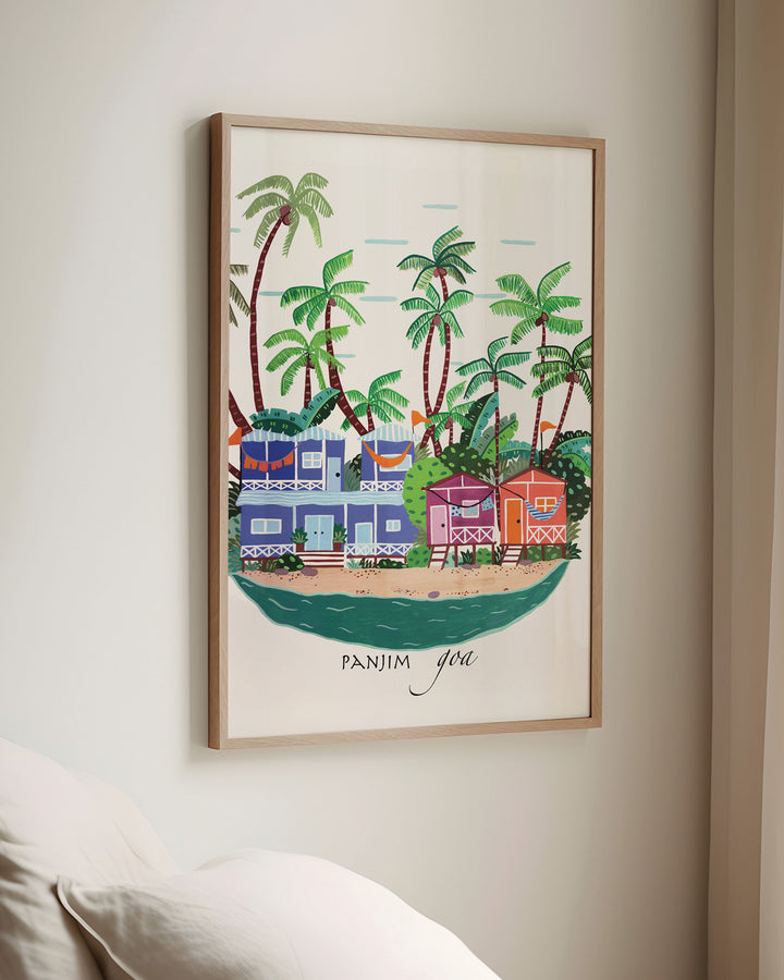 Framed Wall Art of colourful beach houses and palm trees in Panjim, Goa by Little Berries Studio, showcasing the tropical charm of this popular Indian coastal destination.