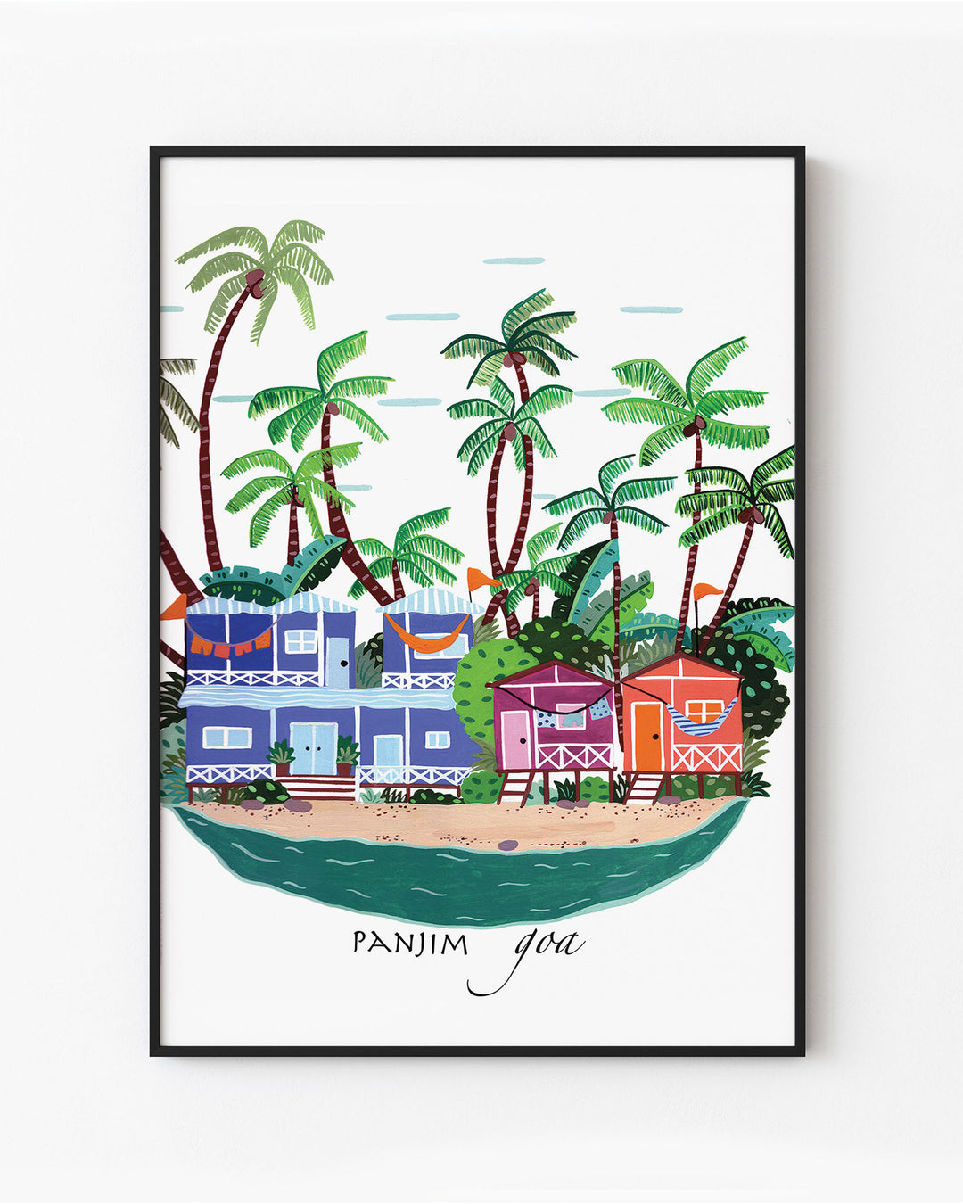 Black Framed Artwork of colourful beach houses and palm trees in Panjim, Goa by Little Berries Studio, showcasing the tropical charm of this popular Indian coastal destination.