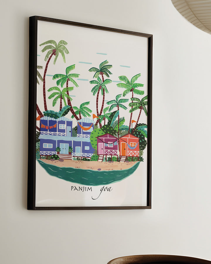 Ready-to-Hang Framed Wall Art of colourful beach houses and palm trees in Panjim, Goa by Little Berries Studio, showcasing the tropical charm of this popular Indian coastal destination.