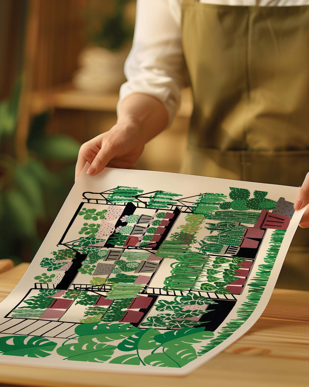 Person holding an Art Print of a variety of potted plants arranged on black metal shelves. The plants range from tall cacti to leafy tropical plants, with lush greenery filling the scene. Large monstera leaves frame the left side of the image, adding a vibrant, fresh touch to the overall composition.