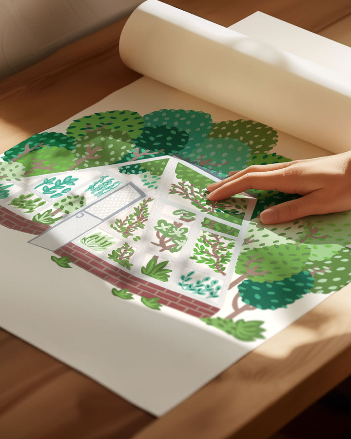An Archival Art Print by Little Berries Studio depicting an illustrated greenhouse filled with plants, surrounded by a lush landscape of green trees.