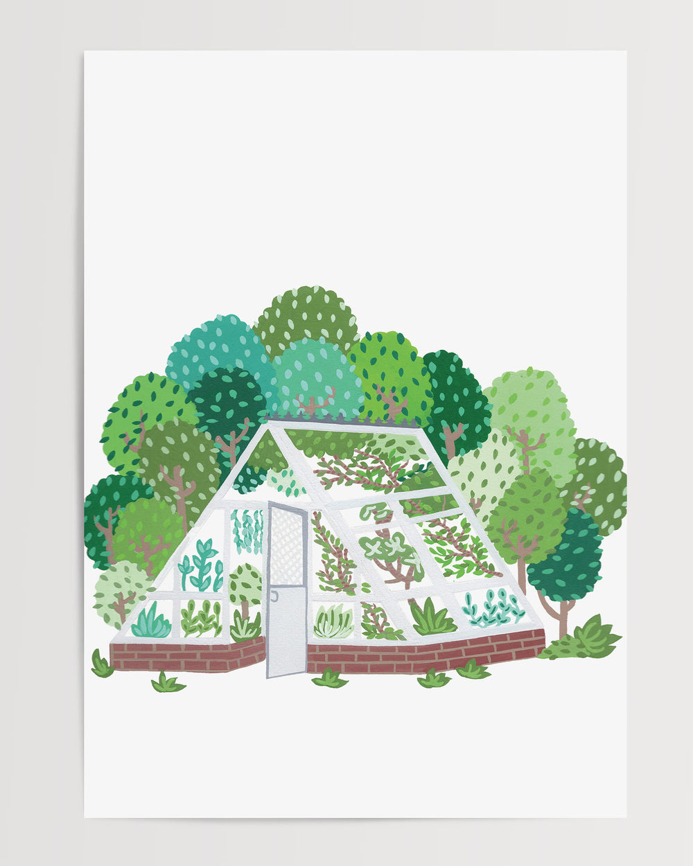 Fine Art Print by Little Berries Studio depicting an illustrated greenhouse filled with plants, surrounded by a lush landscape of green trees.