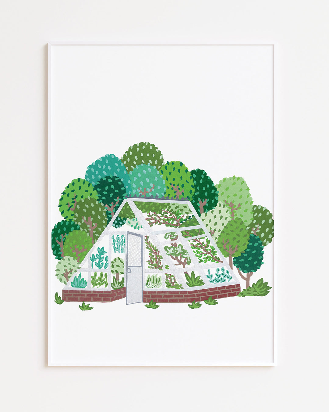 White Framed Art Print by Little Berries Studio depicting an illustrated greenhouse filled with plants, surrounded by a lush landscape of green trees.