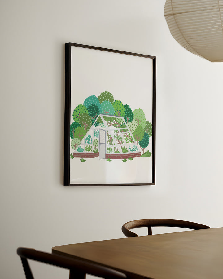 Ready-to-Hang Wall Art by Little Berries Studio depicting an illustrated greenhouse filled with plants, surrounded by a lush landscape of green trees.