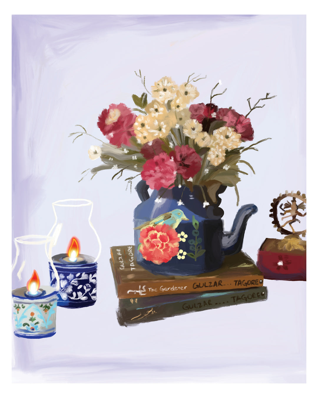 Decorative setup with a teapot holding flowers, candles, and books on a white background