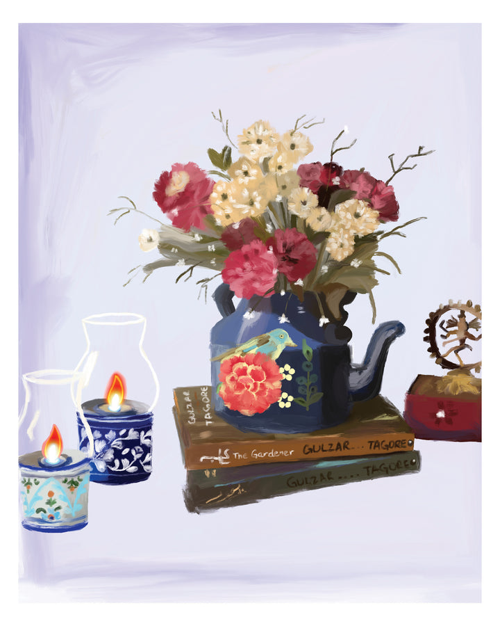 Decorative setup with a teapot holding flowers, candles, and books on a white background