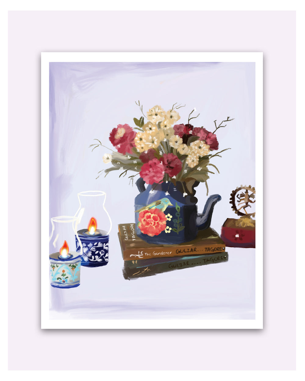 Artwork of a teapot with flowers and candles on a white background