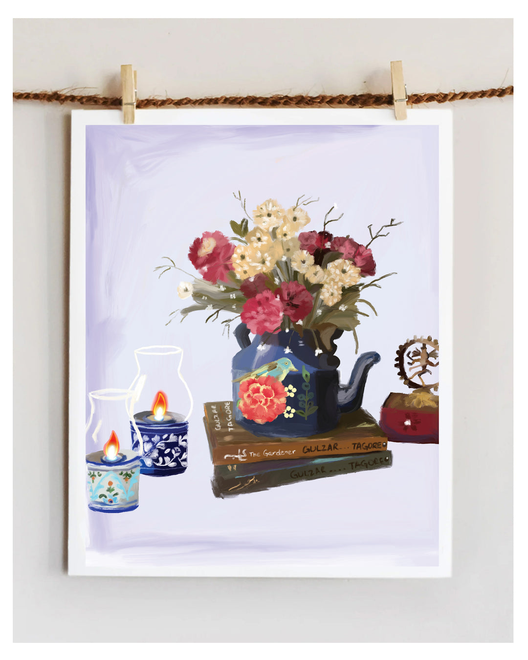 Artwork of a teapot with flowers and candles on a white background