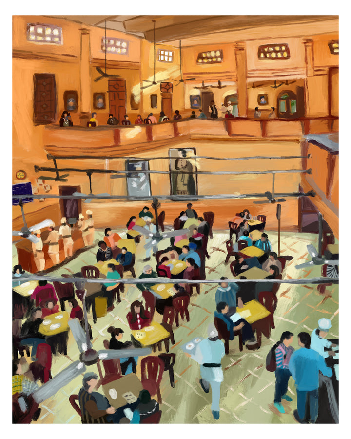 Illustration of a busy restaurant interior with patrons dining and walking around.