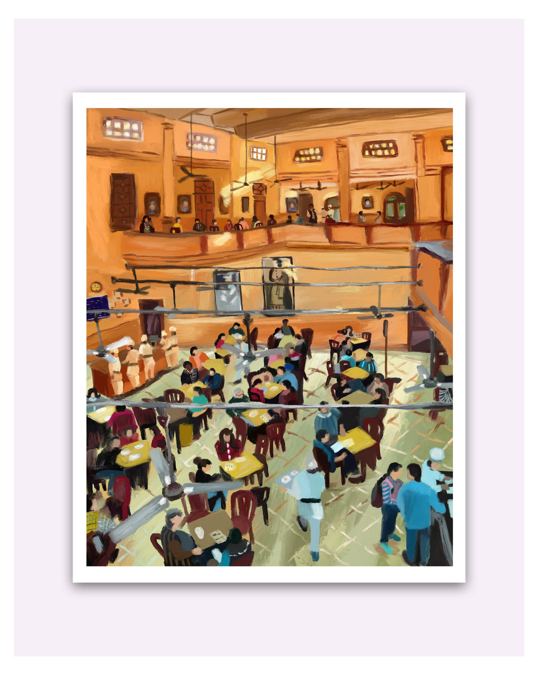 Illustration of a bustling cafe interior with people sitting at tables and standing around.