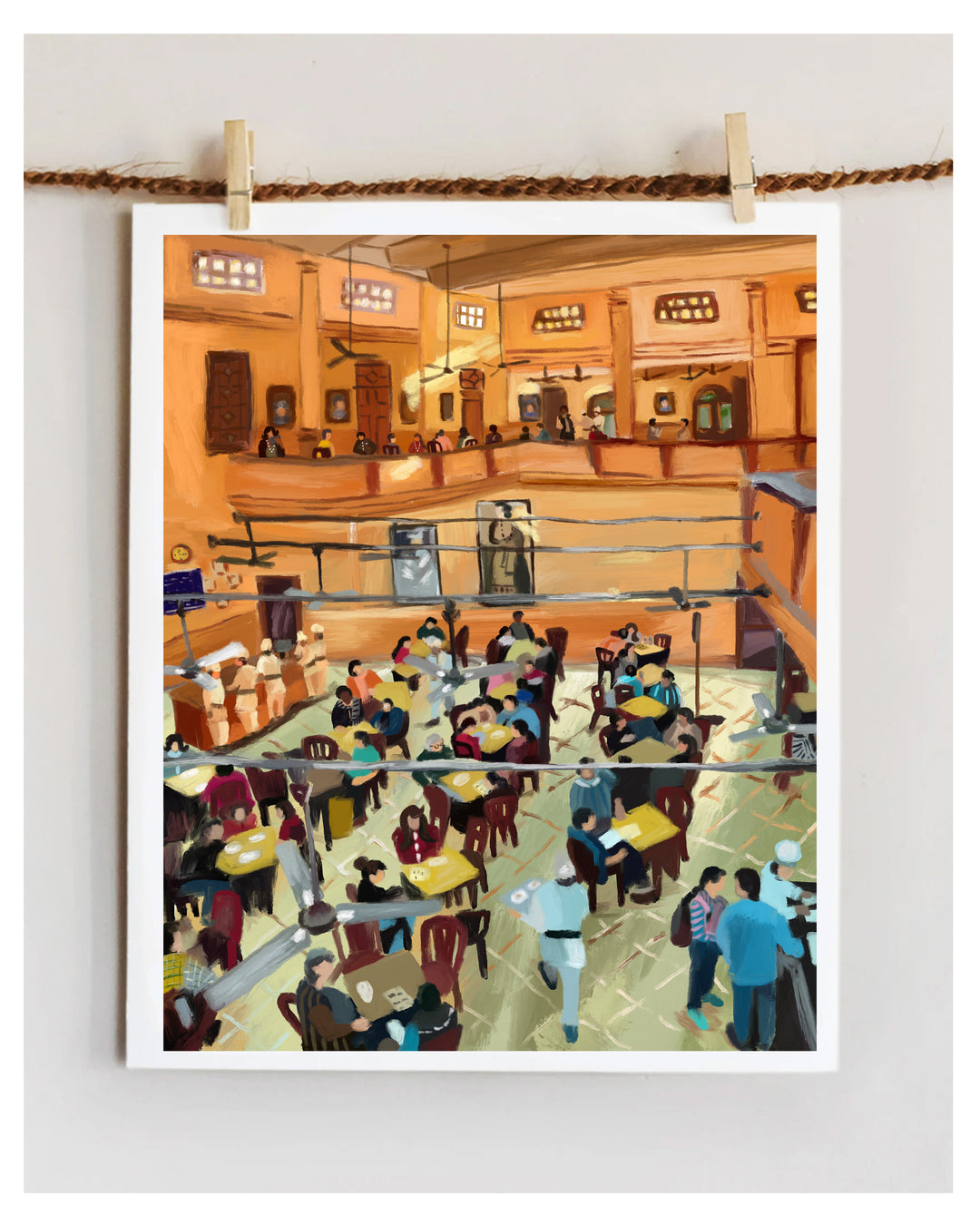 Artwork of a bustling restaurant interior with patrons at tables.