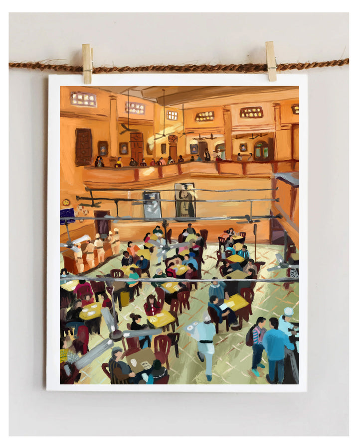 Artwork of a bustling restaurant interior with patrons at tables.