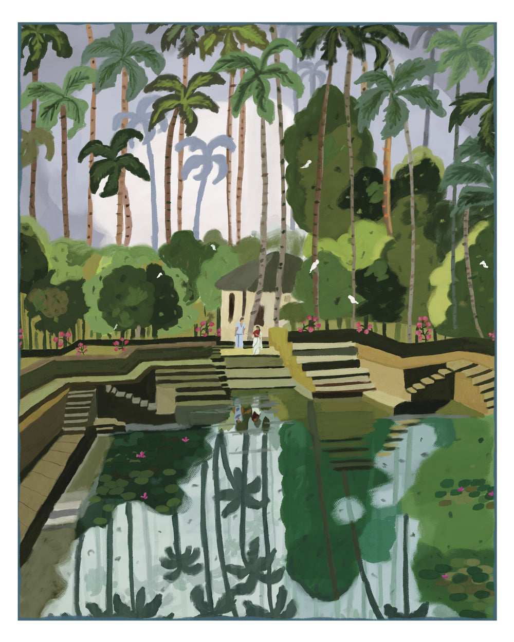 Artistic depiction of a tropical garden with palm trees and a Kerala pond.