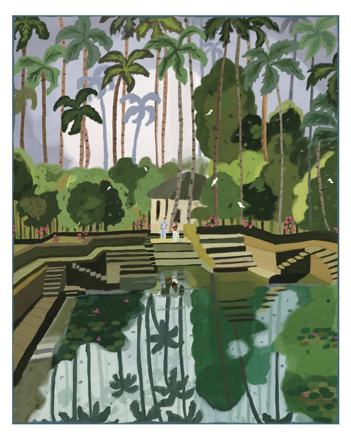 Artistic depiction of a tropical garden with palm trees and a Kerala pond.