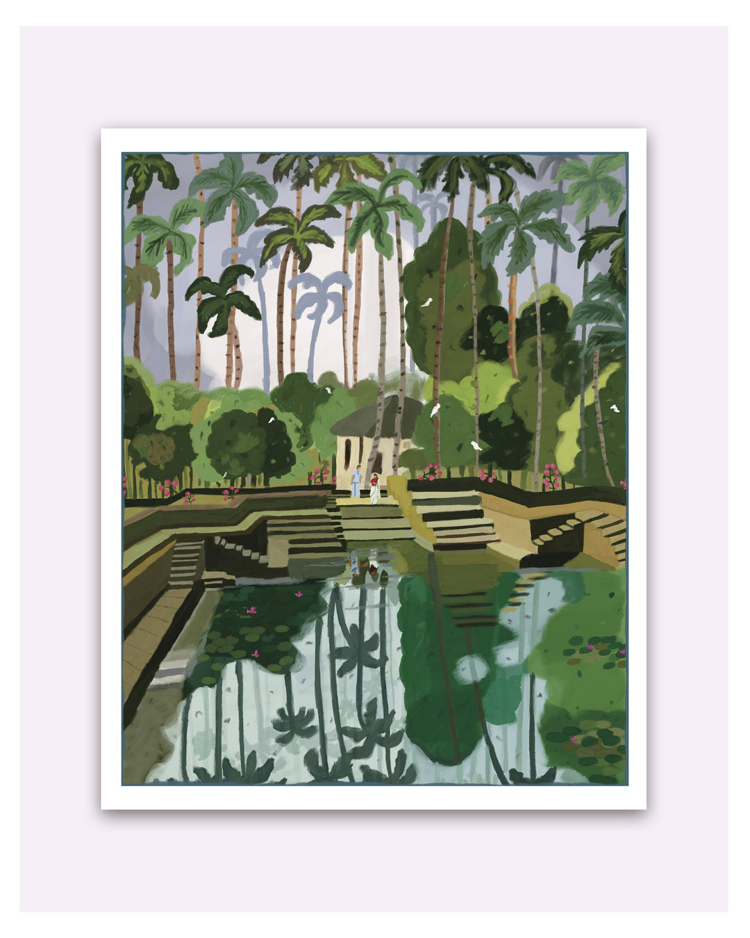 Artwork of a tropical garden with palm trees and a Kerala ponds.
