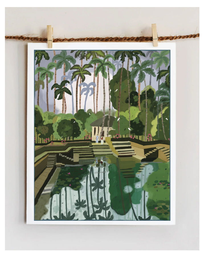 Artwork of a tropical garden scene with palm trees and Kerala Ponds.