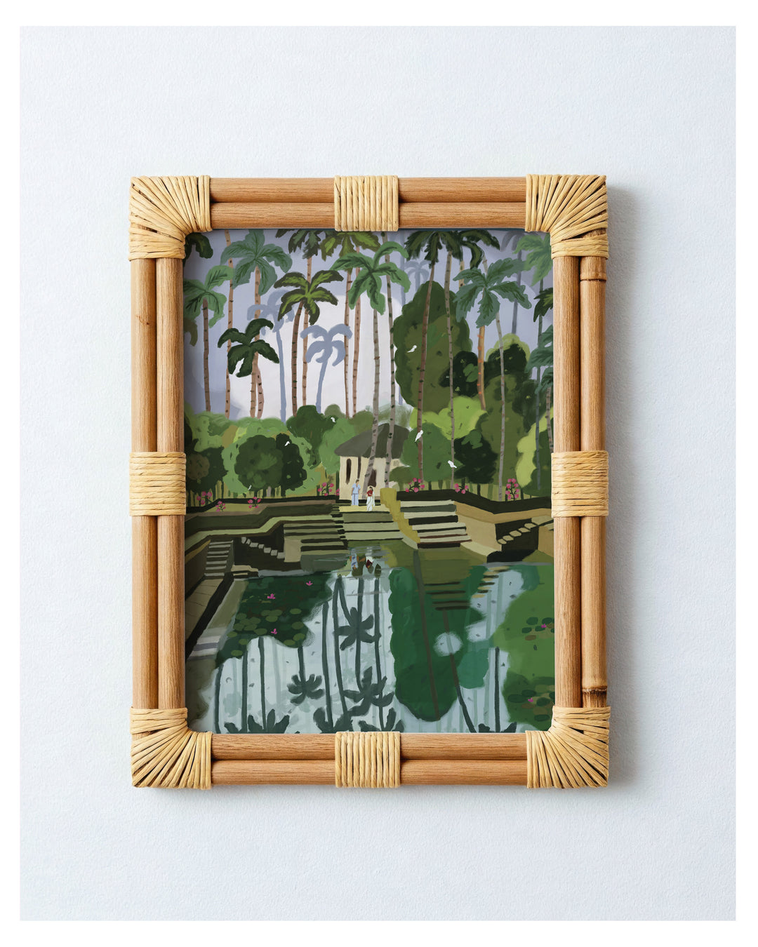 Framed artwork of a tropical scene from Kerala with palm trees and a pond, set against a light grey background.
