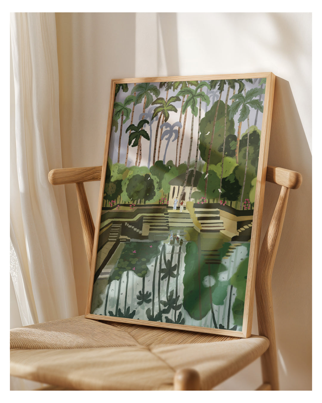 Framed artwork of a Kerala Ponds scene on a wooden chair with a white curtain background