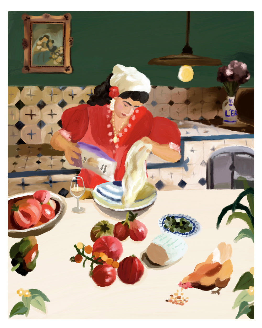 A stylized illustration of a woman in a red dress and white headscarf pouring cream from a bag onto a plate at a kitchen table, surrounded by tomatoes, a glass of white wine, a chicken, and kitchen decor.