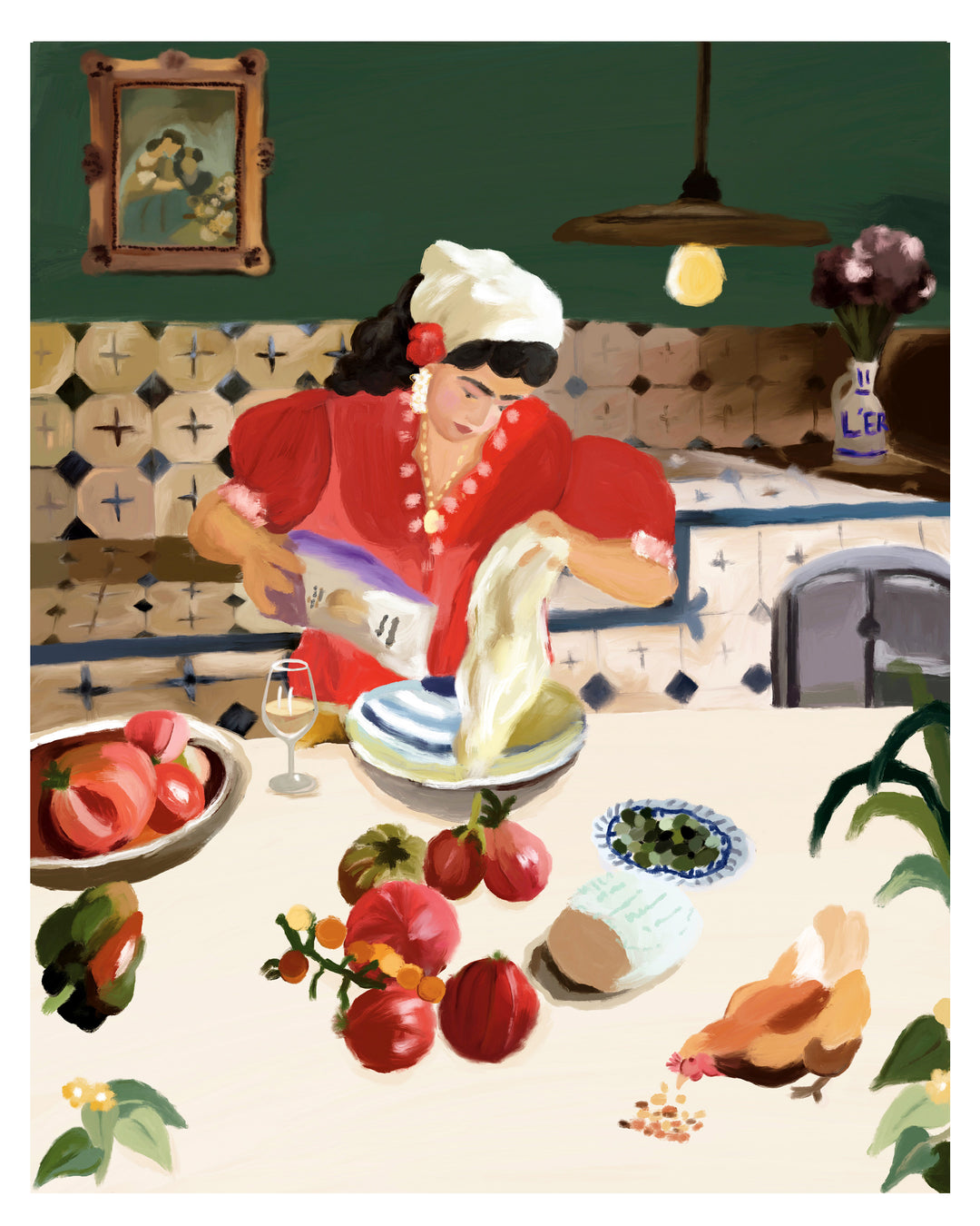 A stylized illustration of a woman in a red dress and white headscarf pouring cream from a bag onto a plate at a kitchen table, surrounded by tomatoes, a glass of white wine, a chicken, and kitchen decor.