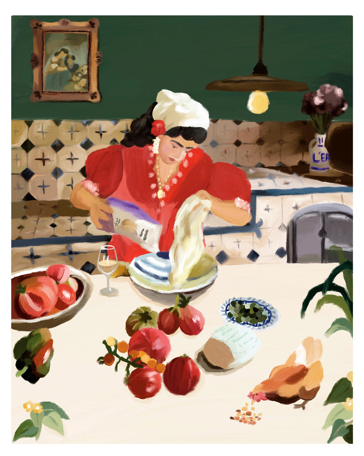 A stylized illustration of a woman in a red dress and white headscarf pouring cream from a bag onto a plate at a kitchen table, surrounded by tomatoes, a glass of white wine, a chicken, and kitchen decor.