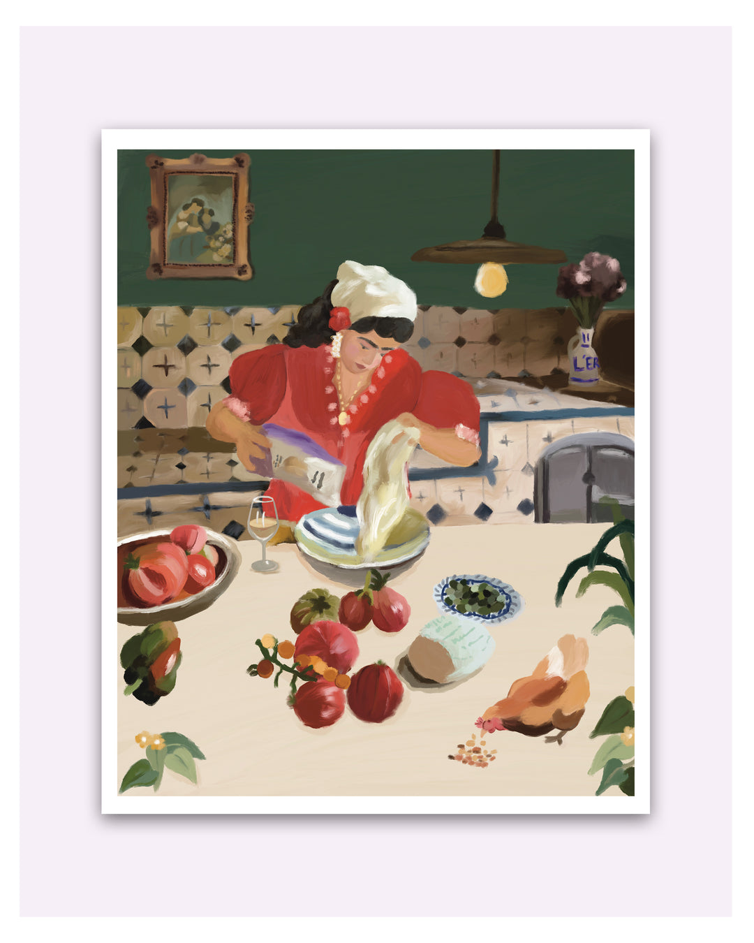 A framed art print featuring a colorful, retro-style illustration of a woman in a red dress and white headscarf preparing food at a table with tomatoes, a chicken, and kitchen details, set against a light lavender background.