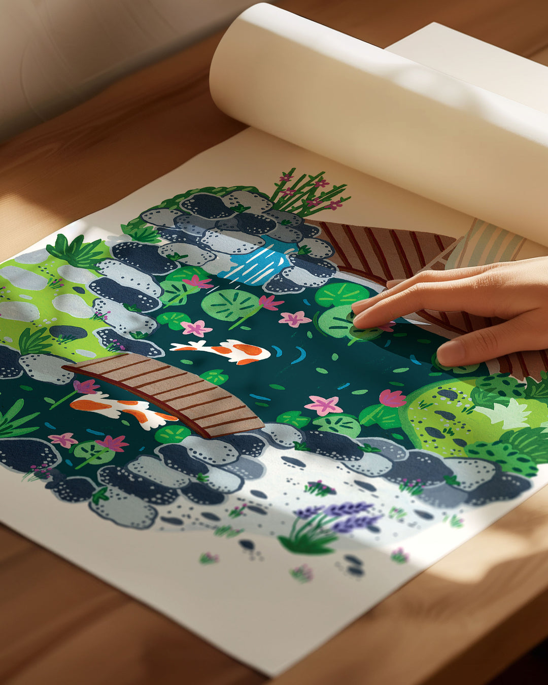 An Archival Art Print of a peaceful garden scene with a small koi pond, surrounded by rocks, blooming plants, and a wooden deck with a striped deck chair.