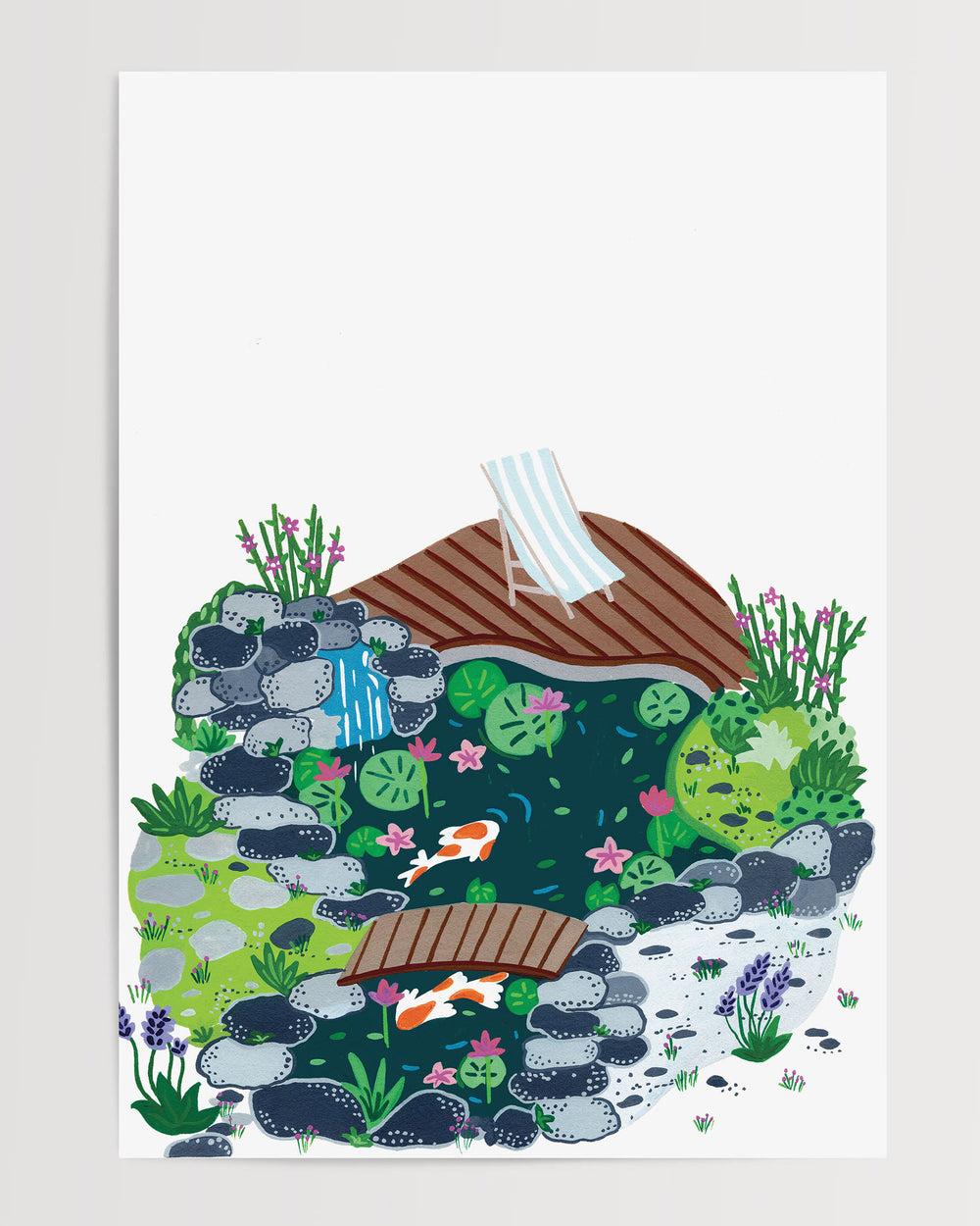 Art print of a peaceful garden scene with a small koi pond, surrounded by rocks, blooming plants, and a wooden deck with a striped deck chair.