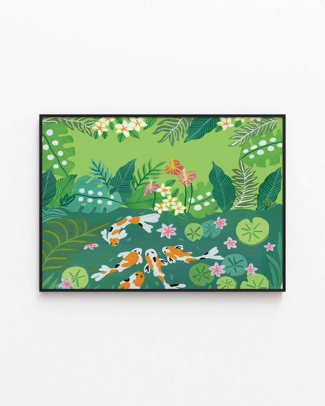 Black Framed Artwork of koi fish swimming in a lush green garden pond surrounded by vibrant tropical foliage and blooming flowers.