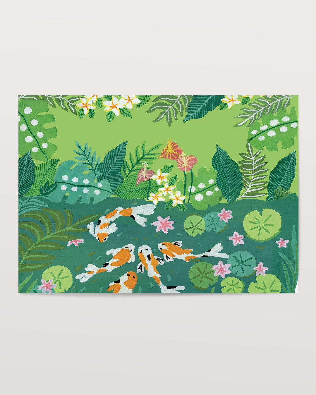 Colourful Art Print of koi fish swimming in a lush green garden pond surrounded by vibrant tropical foliage and blooming flowers.