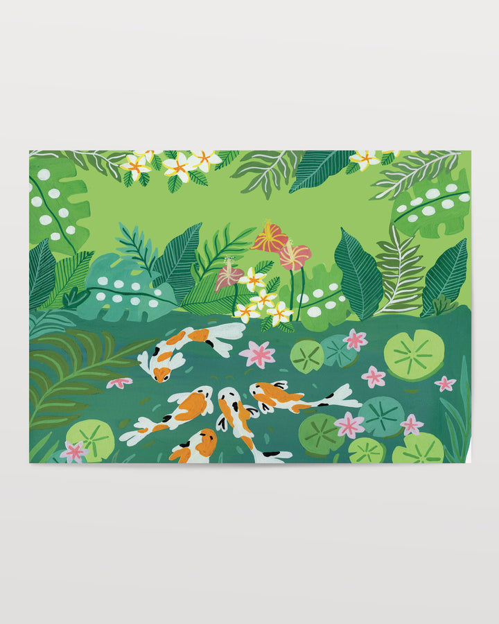 Colourful Art Print of koi fish swimming in a lush green garden pond surrounded by vibrant tropical foliage and blooming flowers.