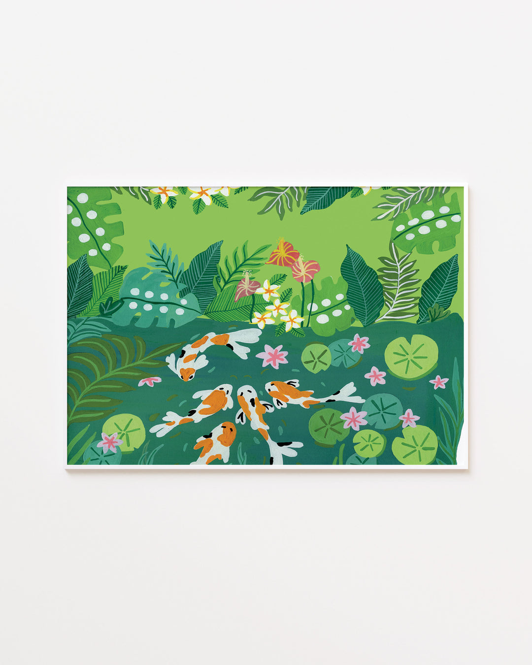 White Framed Artwork of koi fish swimming in a lush green garden pond surrounded by vibrant tropical foliage and blooming flowers.