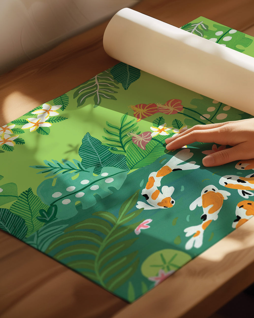 An Archival Art Print of koi fish swimming in a lush green garden pond surrounded by vibrant tropical foliage and blooming flowers.
